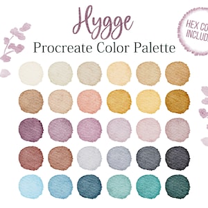 May include: A digital color palette for Procreate with 24 muted colors in a circular arrangement. The colors include shades of beige, brown, pink, purple, gray, blue, and green. The text "Hygge Procreate Color Palette" is at the top of the image.