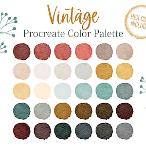 May include: Vintage Procreate Color Palette with 25 color swatches in various shades of red, brown, beige, yellow, green, blue, and gray.  The color swatches are arranged in a grid pattern.