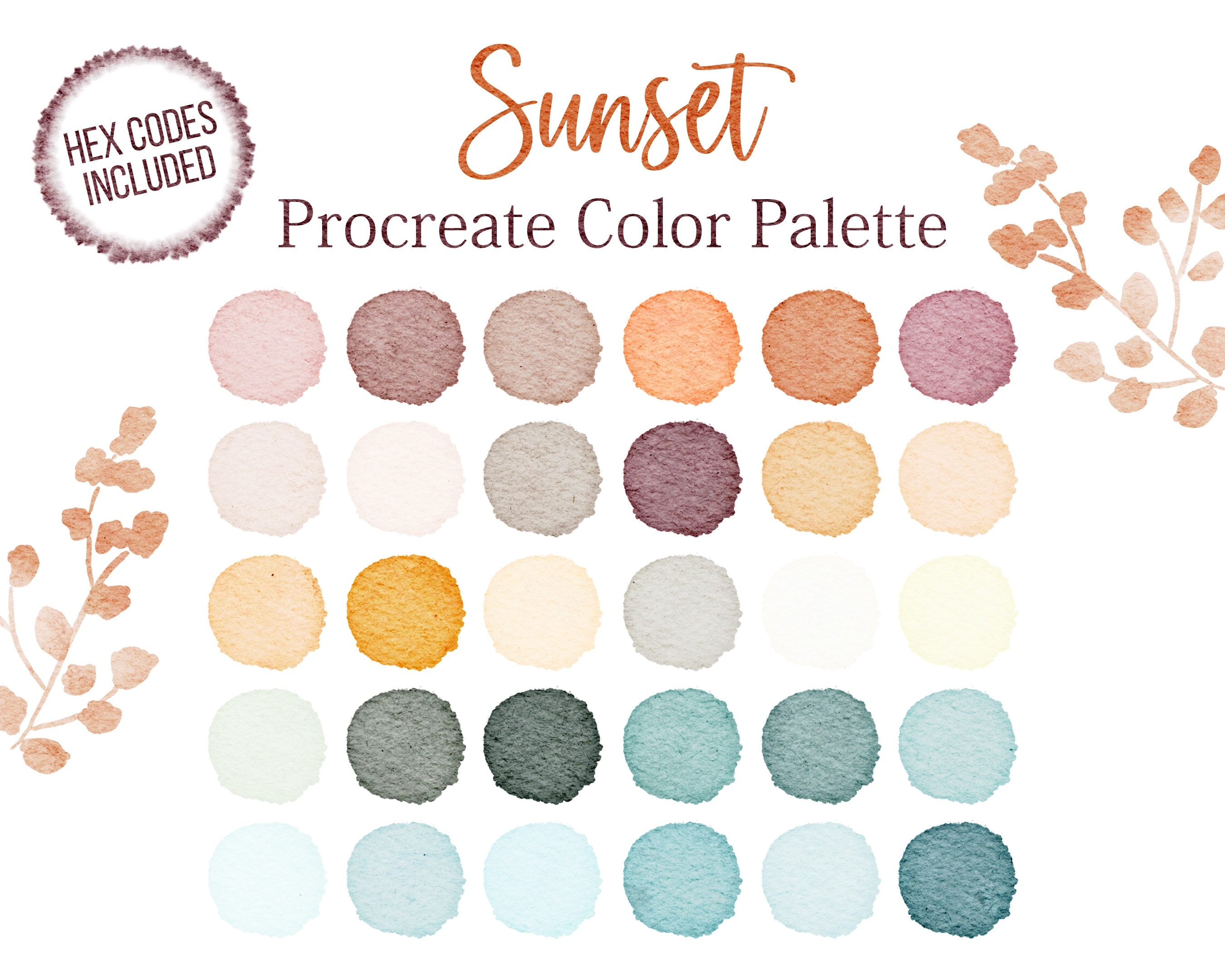 Sunset Procreate Color Palette – 30 Bright Swatches with Hex Codes for iPad Drawing