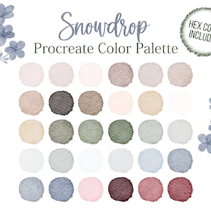 May include: A digital color palette for Procreate featuring 24 watercolor-style swatches in shades of beige, brown, green, blue, pink, and red. The palette is titled "Snowdrop".