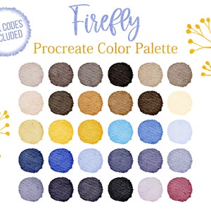 May include: A digital color palette for Procreate called "Firefly" with 25 color swatches in shades of beige, brown, yellow, blue, gray, and purple.