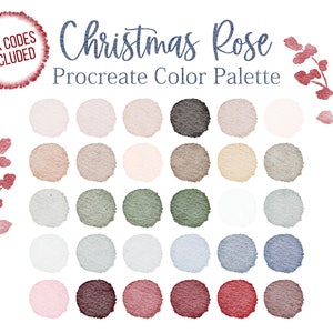 May include: A digital color palette for Procreate featuring 20 watercolor swatches in shades of pink, brown, green, blue, and gray. The palette is titled "Christmas Rose".