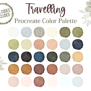 Op de afbeelding: Een digitaal kleurenpalet voor Procreate met 20 gedempte kleuren in tinten bruin, groen, blauw en beige. Het palet heeft de titel "Travelling".