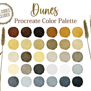 May include: A digital color palette for Procreate called "Dunes" with 25 color swatches in shades of brown, beige, gray, and blue. The hex codes for each color are included.