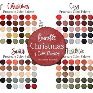 Könnte beinhalten: Eine digitale Illustration von vier Farbpaletten für Procreate, inspiriert von Weihnachten. Die Paletten sind mit "Christmas", "Cozy", "Santa" und "Mistletoe" betitelt. Jede Palette bietet eine Auswahl an roten, grünen, braunen und weißen Farben.