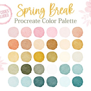 May include: Spring Break Procreate Color Palette with 20 watercolor swatches in shades of pink, orange, brown, yellow, green, blue, and white.