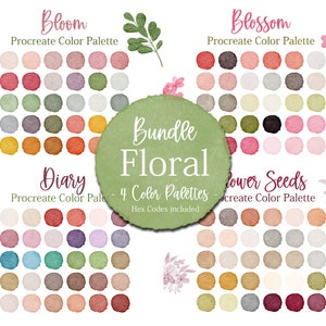 May include: Four Procreate color palettes with watercolor circles in shades of pink, green, brown, orange, and gray. The palettes are titled "Bloom", "Blossom", "Diary", and "Flower Seeds".