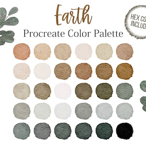 Puede incluir: Una paleta de colores digital con 36 muestras de colores en tonos de marrón, beige, gris y verde. La paleta se titula "Earth Procreate Color Palette" con las palabras "HEX CODES INCLUDED" en un cuadro separado.