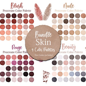 May include: A digital art bundle featuring four Procreate color palettes: Blush, Nude, Rouge, and Beauty. Each palette includes a collection of color swatches with corresponding hex codes. The image also includes watercolor illustrations of feathers and floral elements.