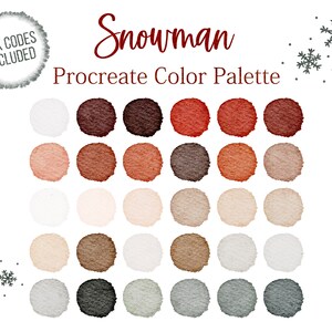 May include: A digital color palette for Procreate featuring 24 watercolor-style swatches in shades of brown, red, white, and gray. The palette is titled "Snowman".