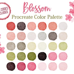 May include: A digital color palette for Procreate with 25 color swatches in shades of pink, red, brown, gray, green, and yellow. The palette is titled "Blossom" and includes hex codes.