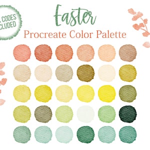 May include: A digital color palette for Procreate featuring 20 watercolor-inspired colors in shades of peach, beige, yellow, green, and blue. The palette is titled "Easter" and includes the text "HEX CODES INCLUDED".