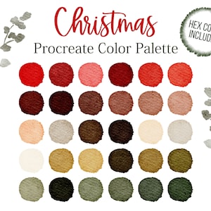 May include: Christmas Procreate Color Palette with 20 watercolor swatches in shades of red, brown, beige, gold, and green. Hex codes are included.