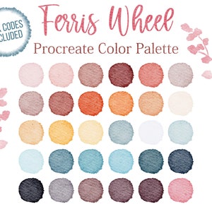 May include: A digital color palette for Procreate featuring 24 watercolor-inspired colors. The palette is named "Ferris Wheel" and includes a variety of warm and cool tones, including pink, orange, yellow, blue, and gray.