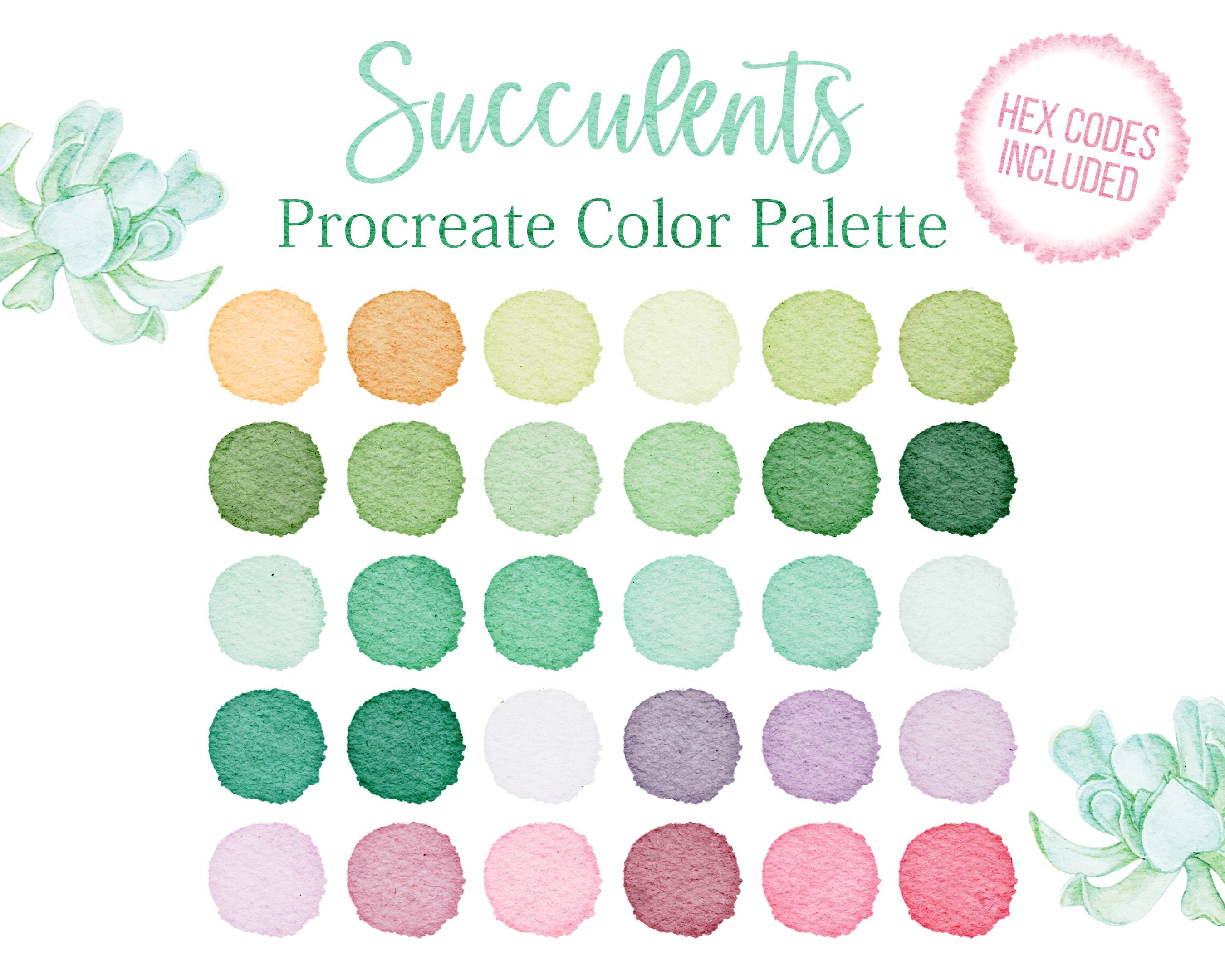 Paleta de colores para Procreate Suculentas – 30 tonos acuarela azul, verde y rosa con códigos hex