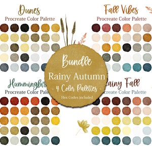 May include: Four Procreate color palettes inspired by autumn. The palettes are named "Dunes", "Fall Vibes", "Hummingbird", and "Rainy Fall". Each palette features a variety of earthy tones, including browns, oranges, yellows, and blues.