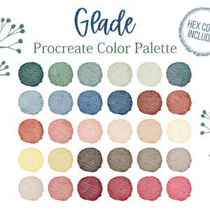 May include: Glade Procreate Color Palette with 36 color swatches in various shades of blue, green, brown, red, yellow, and beige.  The color swatches are arranged in a grid pattern.
