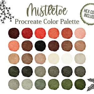 May include: A digital color palette for Procreate called "Mistletoe" with 24 watercolor swatches in shades of red, brown, beige, green, and gray.  HEX codes are included.