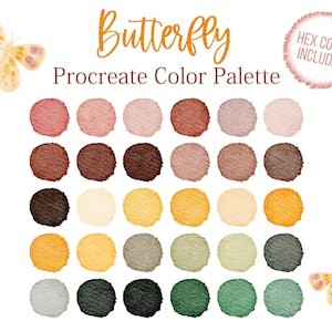 May include: A digital color palette for Procreate featuring 24 watercolor swatches in shades of pink, brown, yellow, green, and gray. The palette is titled "Butterfly" and includes hex codes.