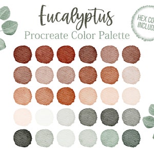 May include: A digital colour palette with 24 colour swatches in shades of brown, beige, grey, and green. The palette is titled "Eucalyptus Procreate Colour Palette".