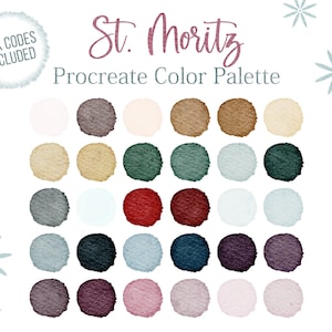 May include: A digital color palette with 25 color swatches in a circular shape. The colors are a mix of warm and cool tones, including beige, brown, green, blue, gray, red, and purple. The text "St. Moritz Procreate Color Palette" is at the top of the image.