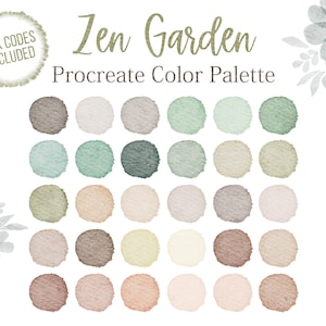 Pode incluir: Uma paleta de cores digital para Procreate com 24 tons suaves de verde, marrom, bege e rosa. A paleta é intitulada "Zen Garden".