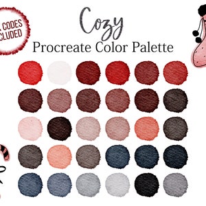 Puede incluir: Paleta de colores Cozy Procreate con 25 muestras de colores en tonos de rojo, marrón, rosa, gris y azul. La paleta está etiquetada con el texto "Cozy Procreate Color Palette".