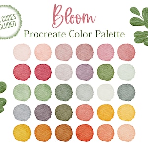 May include: A digital color palette with the title "Bloom" and the words "Procreate Color Palette" in a white font. The palette features 25 circular swatches of various shades of pink, red, green, gray, brown, and yellow.