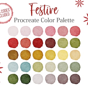 May include: A digital colour palette for Procreate featuring 20 watercolour swatches in shades of red, pink, brown, yellow, green, blue, and grey. The palette is titled "Festive".