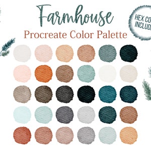May include: A farmhouse color palette with 25 different shades of brown, beige, gray, blue, and green. The colors are arranged in a grid of five rows and five columns. The text "Farmhouse Procreate Color Palette" is at the top of the image. The text "HEX CODES INCLUDED" is in a circle at the top right of the image.
