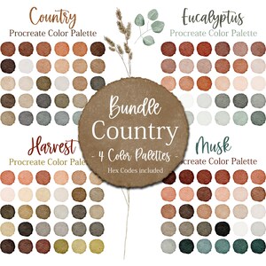May include: A digital art bundle of four Procreate color palettes, titled "Country", "Eucalyptus", "Harvest", and "Musk". Each palette features 36 watercolor-style color swatches in earthy tones.