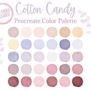 May include: A digital color palette for Procreate called "Cotton Candy" with 24 color swatches in shades of pink, purple, blue, and beige.