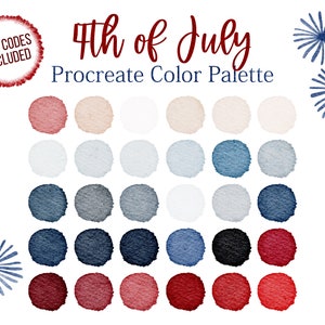 Puede incluir: Una paleta de colores digital para Procreate con 20 círculos de acuarela en tonos de rojo, blanco y azul. La paleta se titula "Paleta de colores Procreate del 4 de julio".