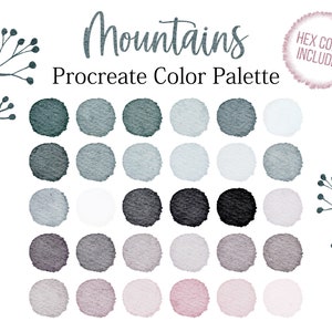 May include: A digital color palette for Procreate featuring 24 shades of gray, blue, black, and pink. The palette is titled "Mountains" and includes hex codes.