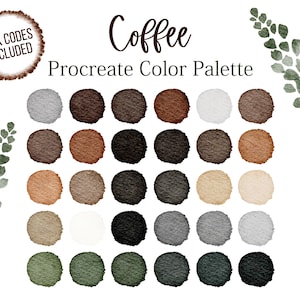 May include: Coffee Procreate Color Palette with 25 color swatches in shades of brown, beige, gray, black, and green.  The color swatches are arranged in a grid pattern.