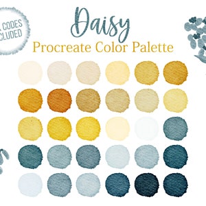 May include: A digital color palette for Procreate featuring 20 watercolor swatches in shades of beige, yellow, gold, and blue. The palette is titled "Daisy".