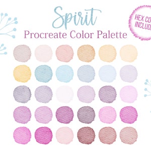 May include: A digital color palette for Procreate called "Spirit" with 24 color swatches in shades of pink, purple, blue, beige, and yellow.  HEX codes are included.