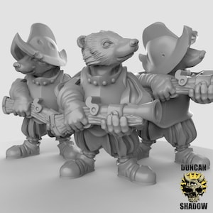 Badger Folk with Blunderbusses Trio by Duncan Shadow Luca, perfect for 28mm or 32mm miniature wargaming and dioramas!