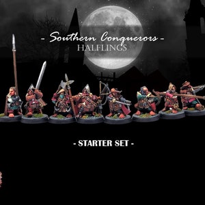 Halfling Conquistadors (Small) 28mm-32mm Scale Miniatures Sculpted by Ezipion. Available individually or in a saver set.  For Wargames