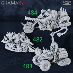 Space Orc War Motorcycles, Biker Gang Western Style par Ghamak. Disponible individuellement ou en tant qu’ensemble d’économiseurs. Parfait pour les jeux à l’échelle 28mm et 32mm