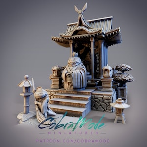 Hikiga Shrine Set for 32mm Heroic Scale Miniatures, East Asian Inspired Temple/Pagoda Set. Sculpted by Cobramode. Miniatures sold separately