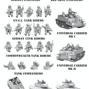 Engineers, Tank Riders and Tank Commanders for WW2 Games and Dioramas. Available in 15 and 28mm Scale for Popular Tabletop Wargames.
