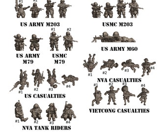 Casualties and extras from Vietnam . Available in 15mm, 20mm and 28mm Scale for Popular Tabletop Wargames Sold singly or in saver sets