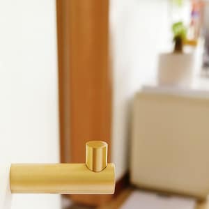 May include: A gold-toned metal hook mounted on a white wall. The hook is cylindrical with a rounded top.