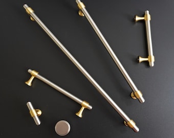 Brushed Silver & Gold T-Bar Handle: Solid Brass Cabinet Knob