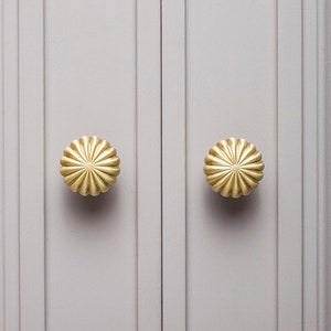May include: A pair of gold-coloured, flower-shaped knobs on a light grey cabinet door. The door has vertical grooves. The knobs are centred on the door panels and have a ridged design.