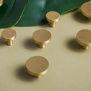 May include: Eight gold-toned round cabinet knobs with a smooth, slightly textured surface. The knobs are arranged in a semi-circle on a light beige surface.
