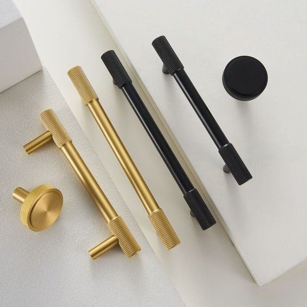 Knurled T Bar Solid Cabinet Handles, Matt Black Door Handles,Matt Black Kitchen Knobs, Drawer Pulls,Textured Handles, Knurled Cabinet Pulls