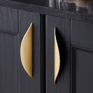 May include: Two gold leaf-shaped cabinet pulls on black cabinet doors.