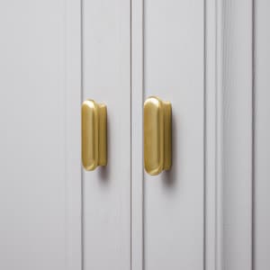 Peut inclure: Deux boutons de porte de placard dorés avec une finition brossée. Les boutons sont de forme ovale et ont un bord légèrement arrondi.
